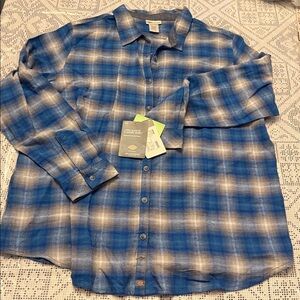 Dickies Womens 2X 100% cotton Blue Gray White Plaid brushed flannel Shirt New